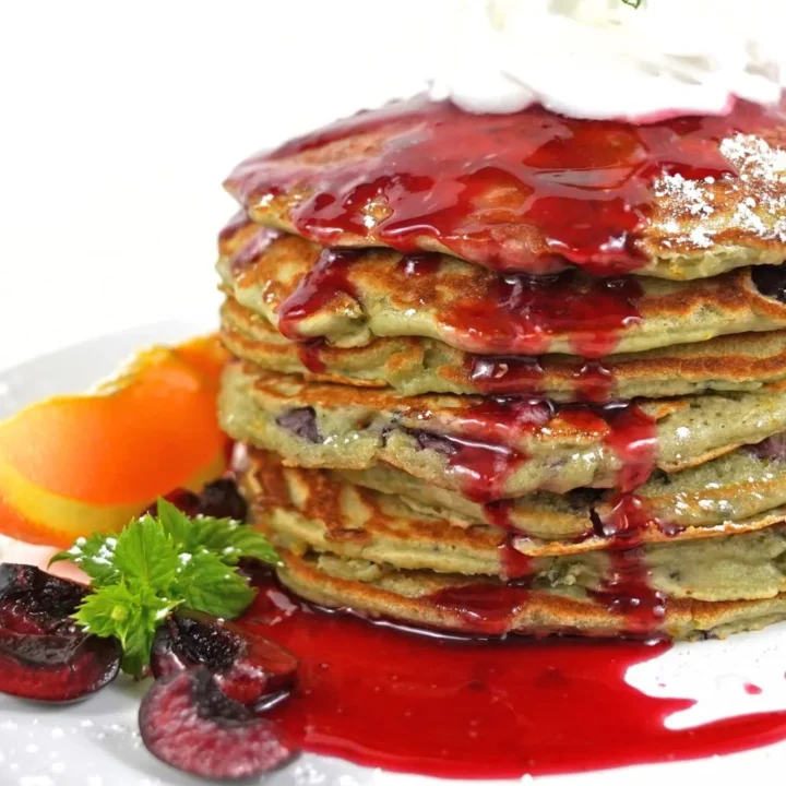 fresh cherry pancakes with hibiscus syrup