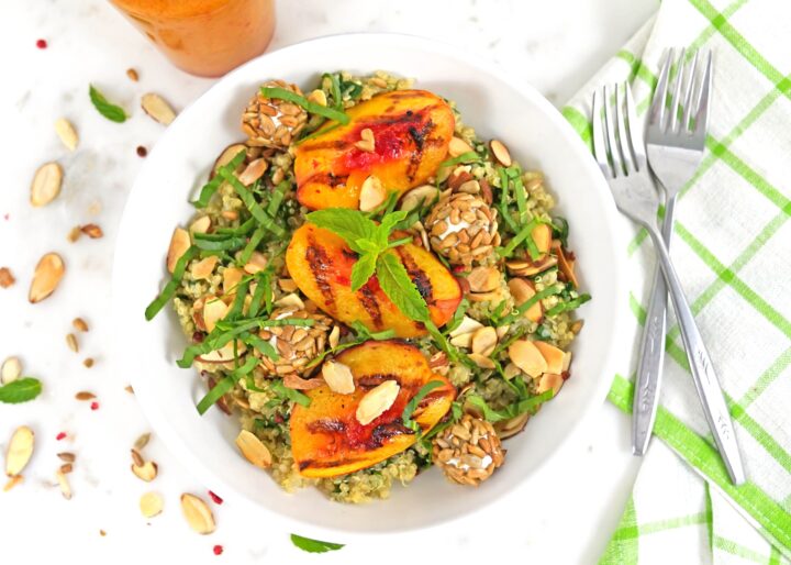 grilled peach quinoa bowl