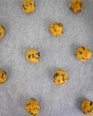 cherry chocolate chips cookie dough balls ready to bake